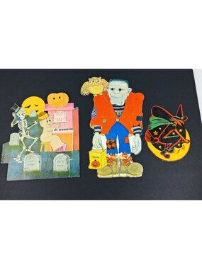 VTG Halloween Die-Cut Flocked Frankenstein, Witch, Graveyard Scene